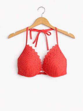 Shade & Shore Crochet Halter Push-Up Bra - Coral Size 34DD Underwire Bikini Top